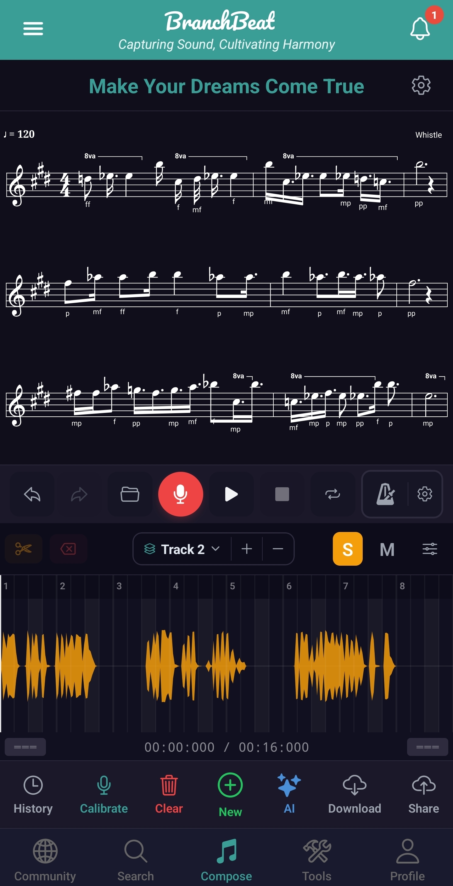 BranchBeat Compose screen with notation, recording controls and audio waveform